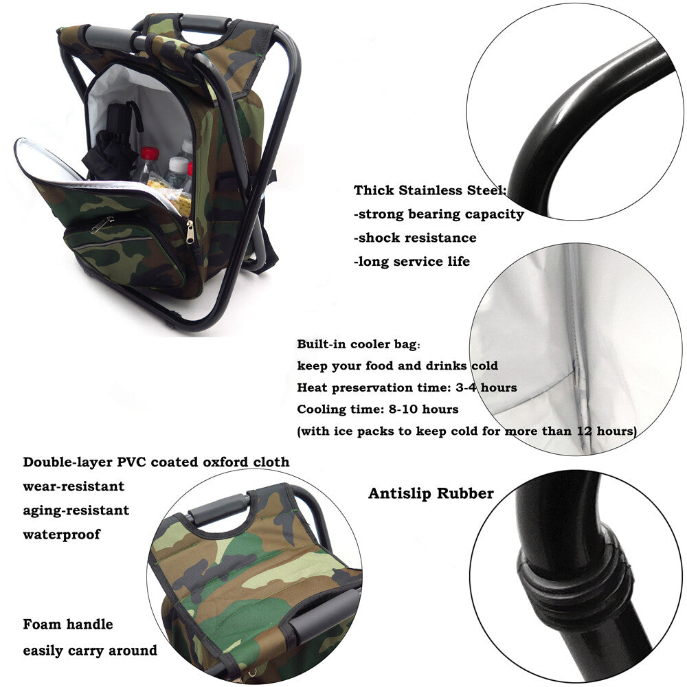 Folding Cooler Chair Backpack - Insulated Camping & Beach Stool