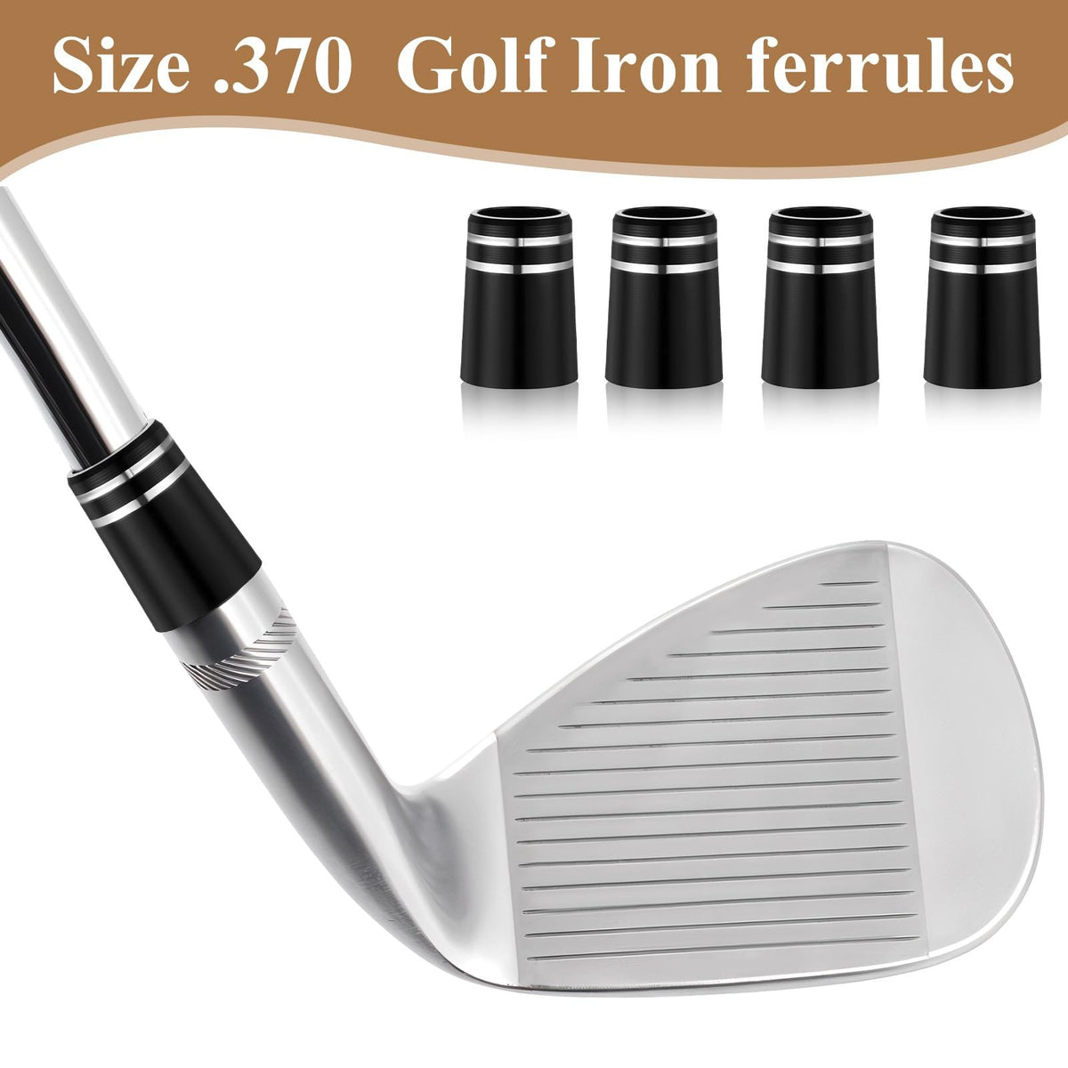 Golf Iron Ferrules Set - Double Silver Ring Black Taper Tips 0.370 Inch, 10 Pack