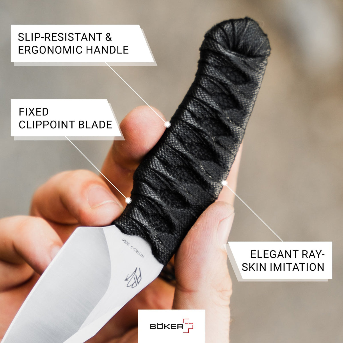 Fixed Blade Knife with Nitro-V Blade and Fish Skin Handle - Tactical Outdoor Use