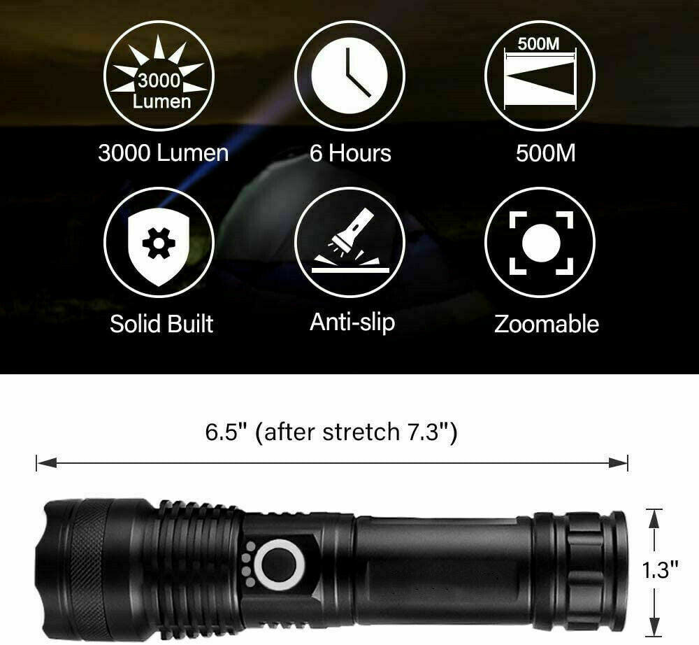 Super Bright LED Tactical Flashlight with Rechargeable Battery, 1000 Lumens