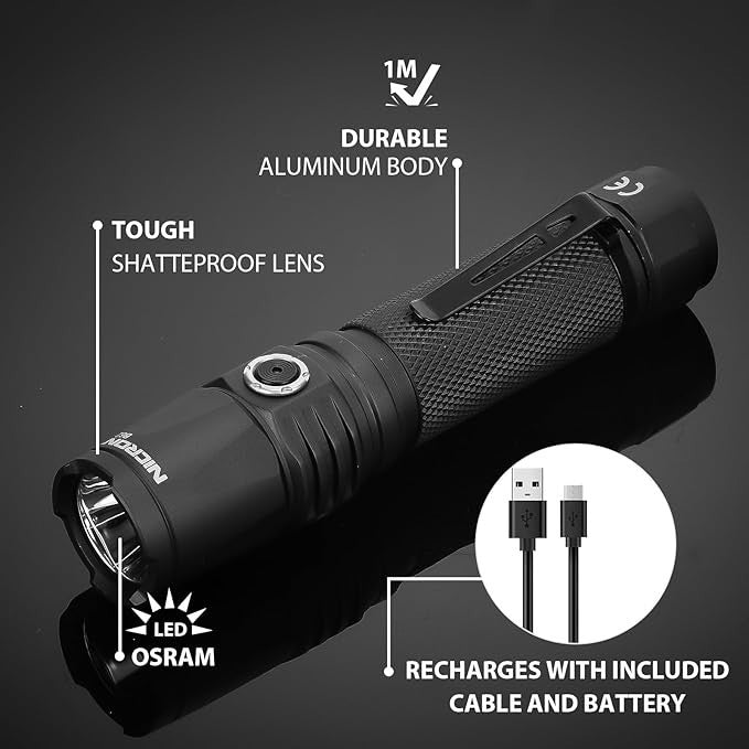 Rechargeable Tactical Flashlight 1000 Lumens with Type C Cable for Camping