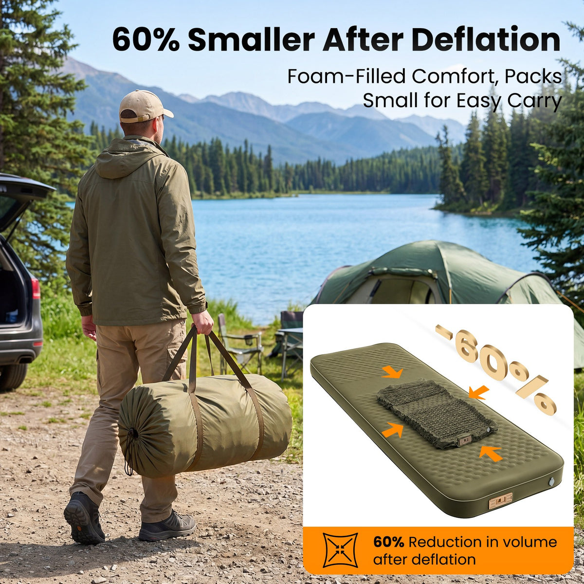 Self-Inflating Sleeping Pad with Memory Foam and Built-In Pump - 4 Inch Thick Camping Mattress