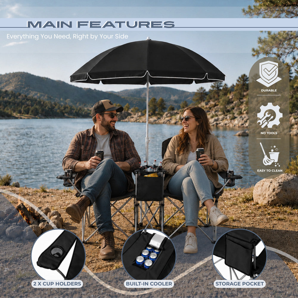 Portable 2-Person Folding Picnic Chair with Umbrella Cooler and Cup Holders