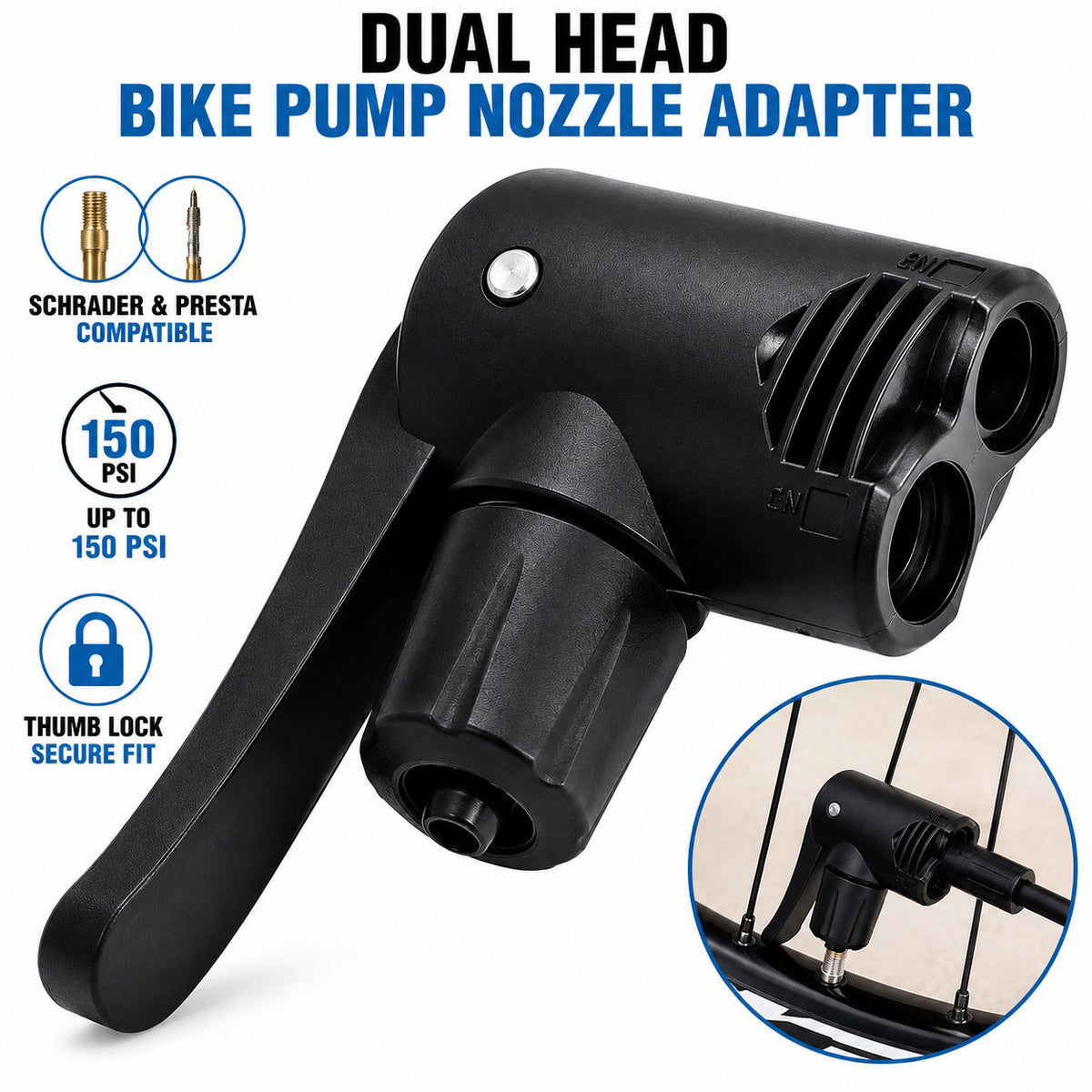 Universal Dual Head Bicycle Pump Nozzle Adapter for Schrader & Presta Valves