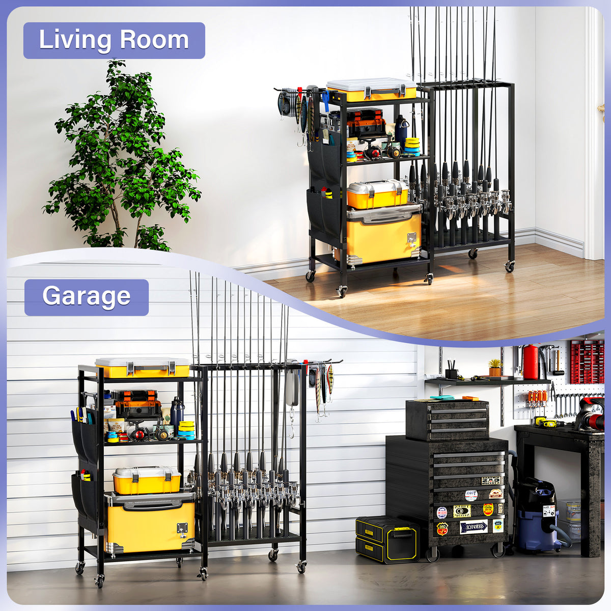 16-Rod Fishing Rod Holder Rack with Tackle Storage and Wheels