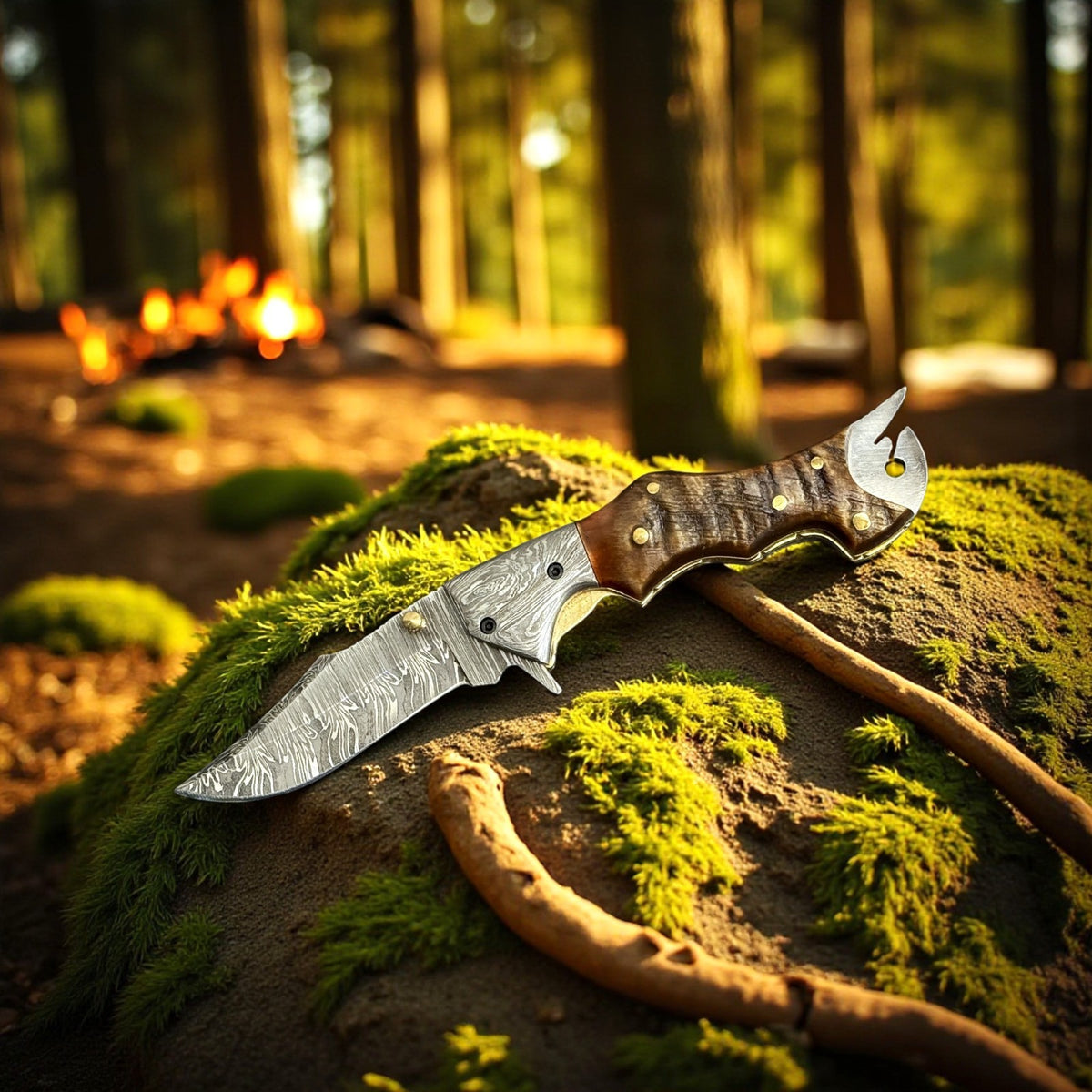 Personalized Damascus Steel Folding Knife with Ram Horn Handle and Belt Clip
