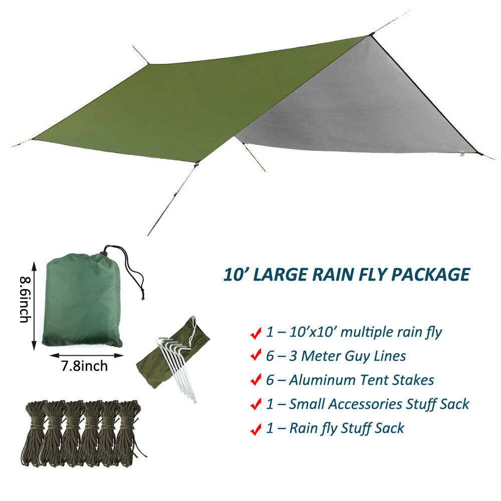 Large Waterproof Camping Rain Fly Tarp 10ft Sun Shelter for Hammocks & Tents