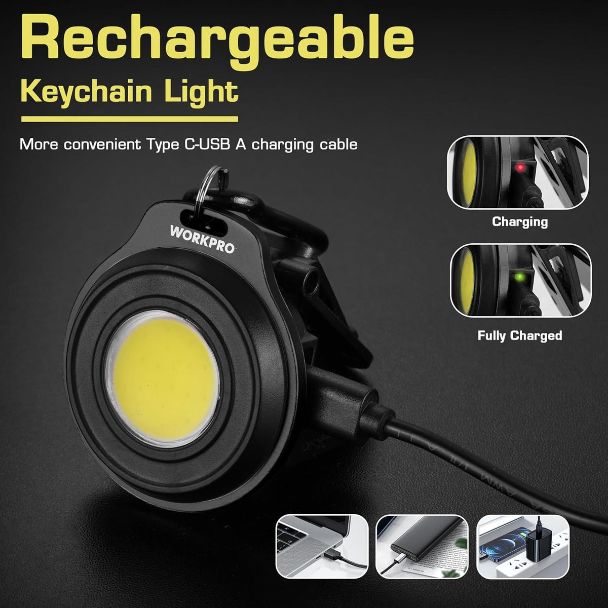 Magnetic Keychain Flashlight with 3 Light Modes, USB-C Rechargeable, Clip & Magnetic Base
