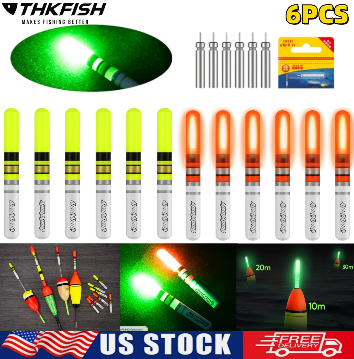 Glow Fishing Float Sticks 6 Pack LED Night Fishing Lights Fluorescent Green & Red