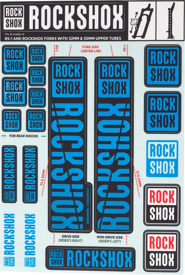 Bike Fork Decal Kit - 30/32mm RS1 Blue Sticker Set for RockShox Forks