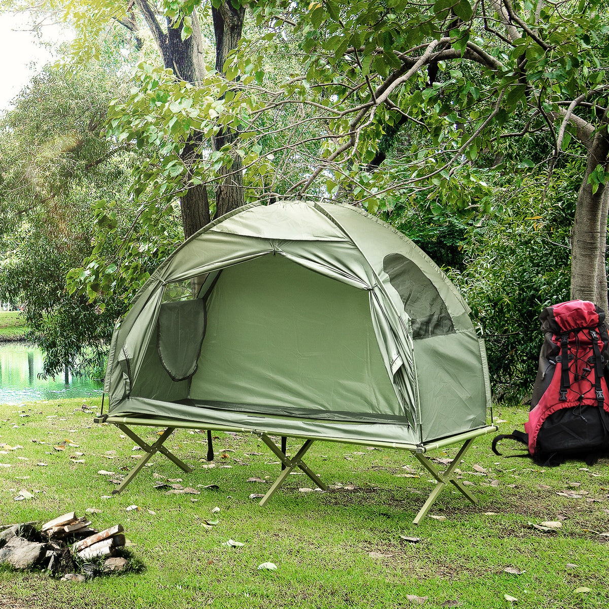 Single Person Camping Tent Cot Combo - Portable Foldable Tent and Cot in Green