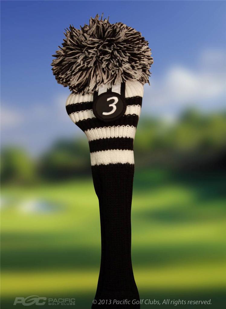 Golf Fairway Wood Head Cover #3 Pom Pom Knit Sock Black White