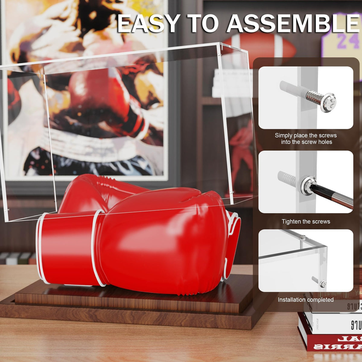 Acrylic Boxing Glove Display Case with Wooden Base - Dustproof & Elegant