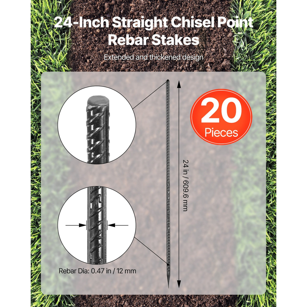 24-Inch Galvanized Steel Rebar Stakes 20 Pack Heavy Duty Ground Anchors