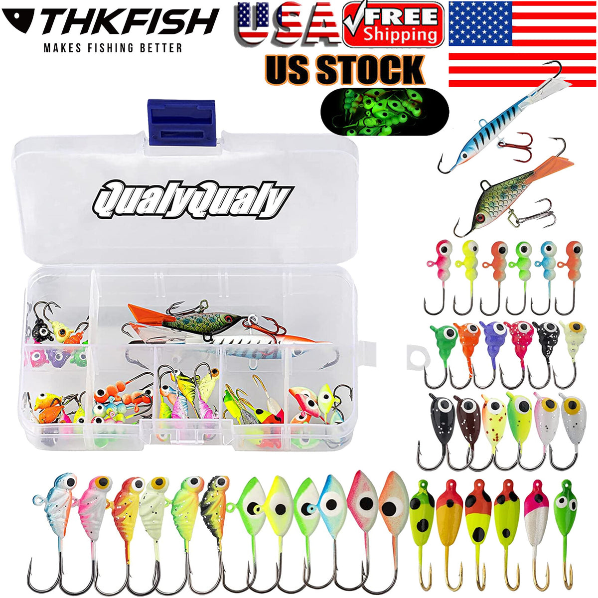 38Pcs Ice Fishing Jigs Set Glow Lures for Perch Crappie Panfish - Tackle Kit
