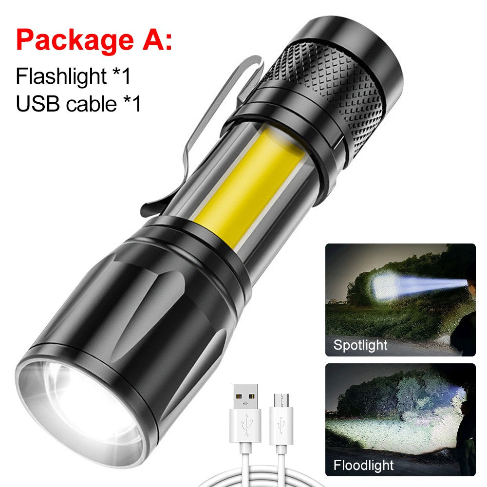 Rechargeable LED Flashlight Torch with Zoomable COB Light USB Powered