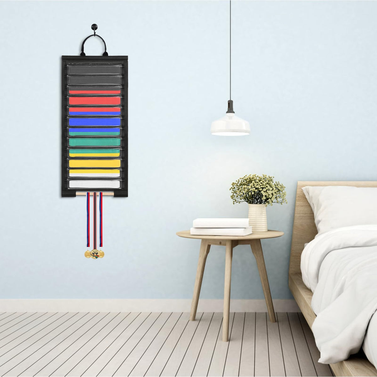 Wall-Mounted 12-Belt Display Rack with Dust-Free Slot Shelves, Martial Arts Organizer
