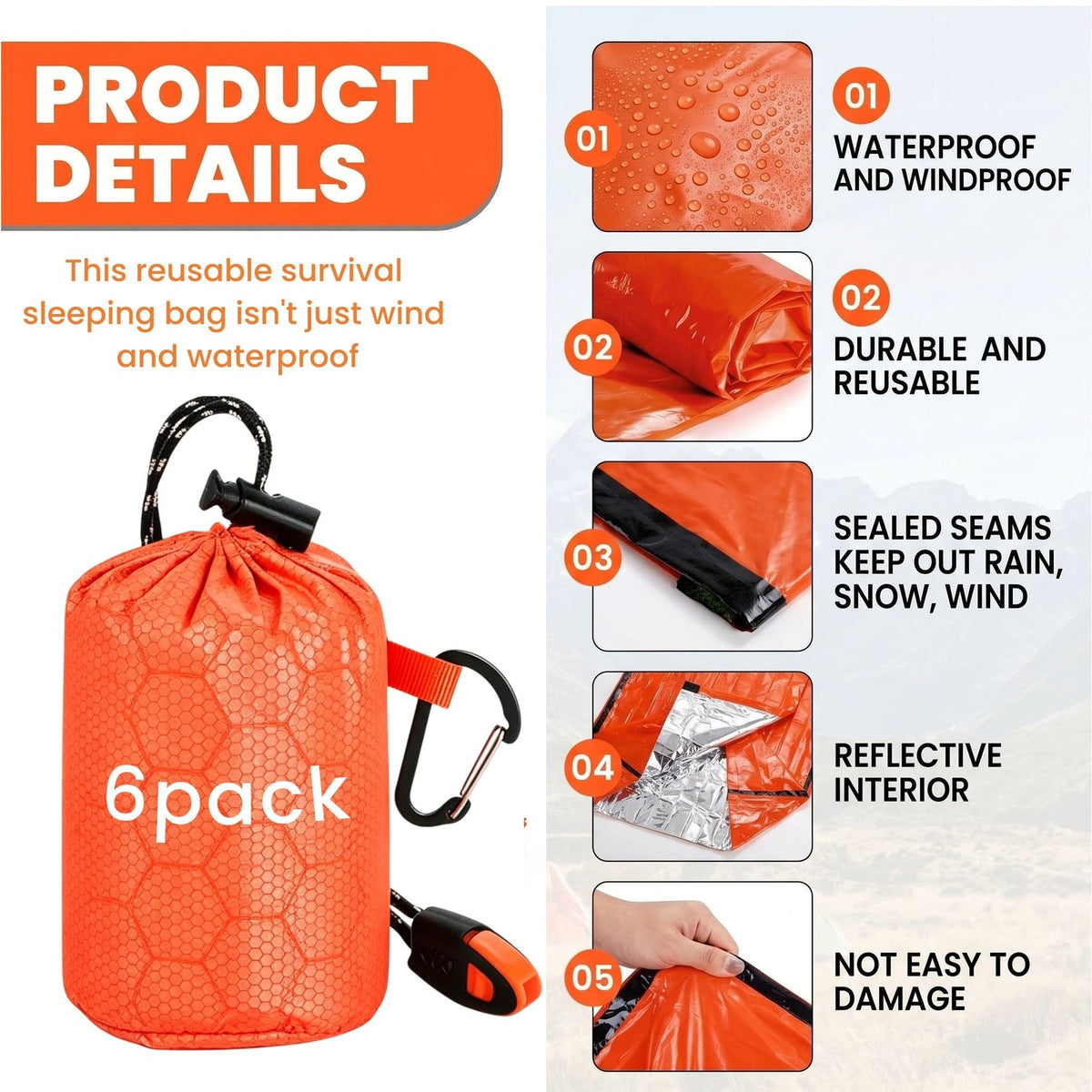 6 Pack Emergency Survival Sleeping Bags with Whistles - Thermal Bivy Sack Blanket