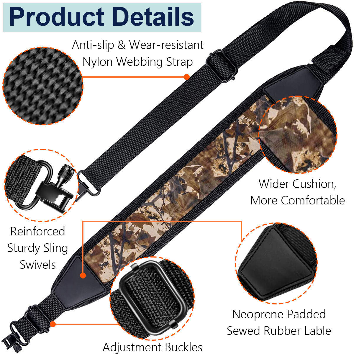Camouflage Rifle Sling with Swivels & Padded Shoulder Strap