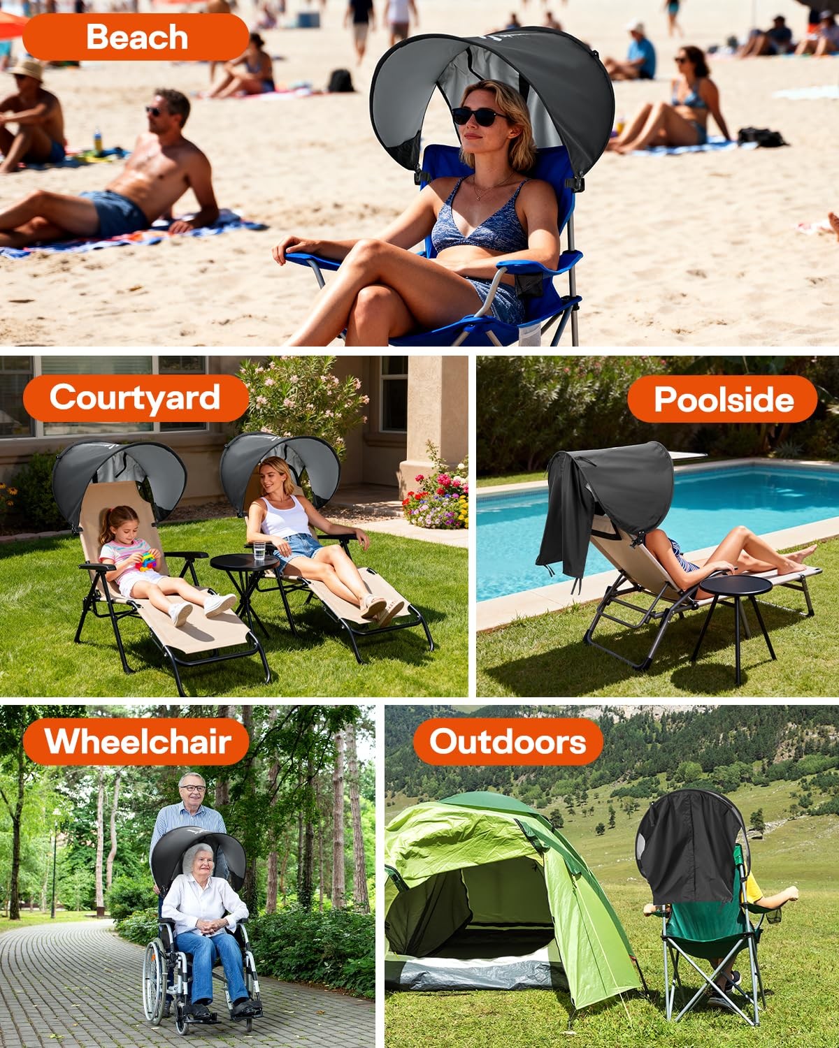 Universal UPF 50+ Sun Shade Canopy for Outdoor Chairs with Adjustable Angle & Back Flap