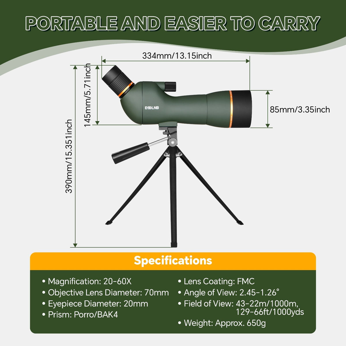 20-60X HD Spotting Scope 70mm FMC Lens BAK4 Prism for Bird Watching