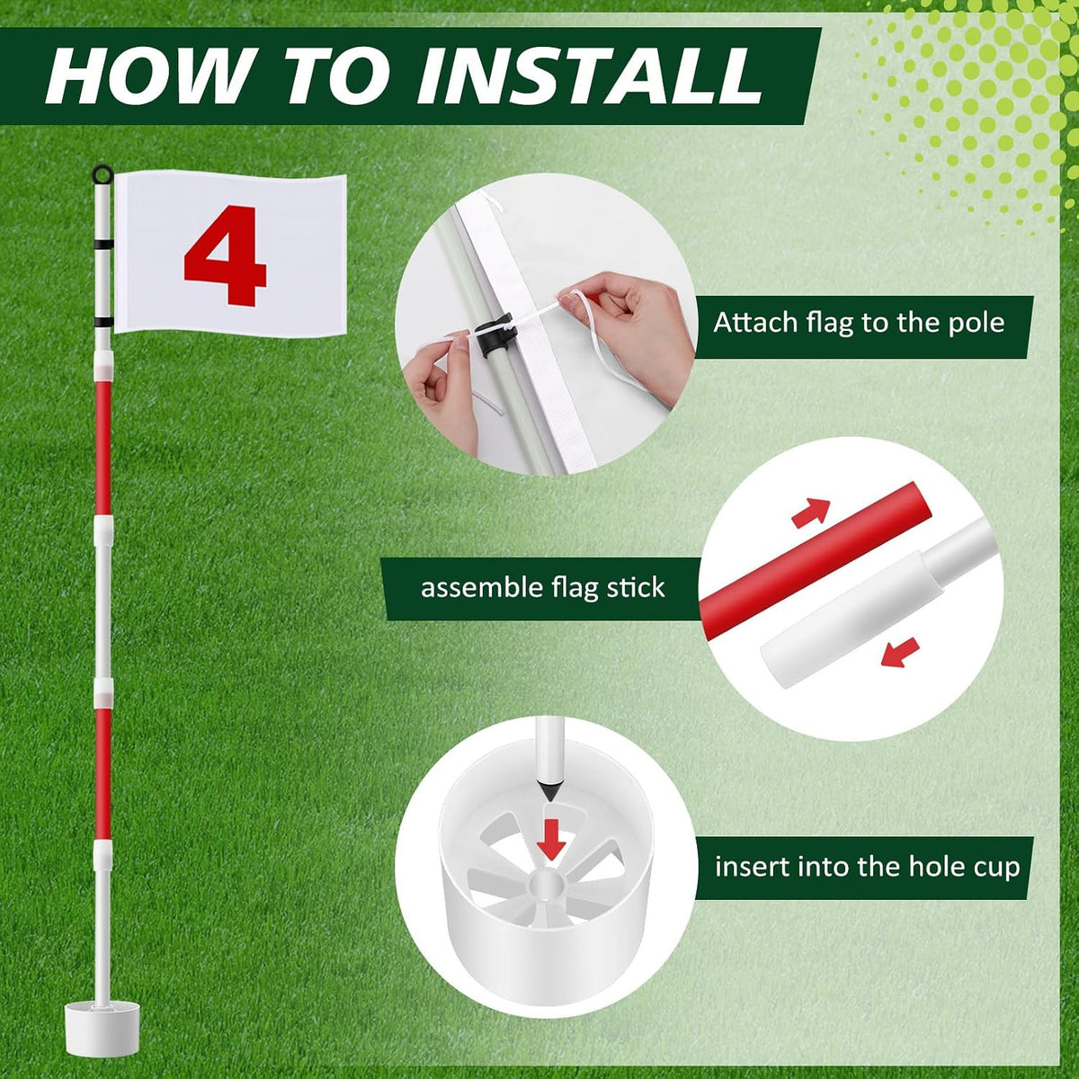 Golf Flagstick Set with 6Ft Flags and Hole Cups - 4 Pack for Green Practice