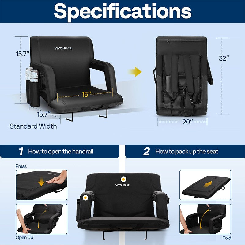 Reclining Stadium Seats 2 Pack with Back Support & Cup Holders - Adjustable & Padded