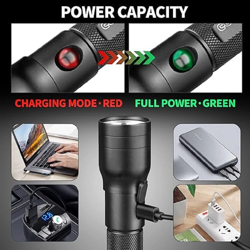600 Lumen USB C Rechargeable LED Flashlight Waterproof Handheld Torch