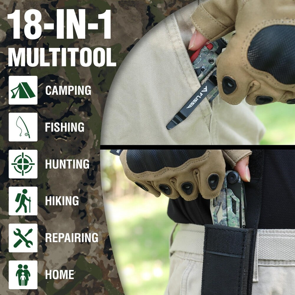 18-in-1 Camping Multitool Pliers with Fire Starter & Whistle, Camo