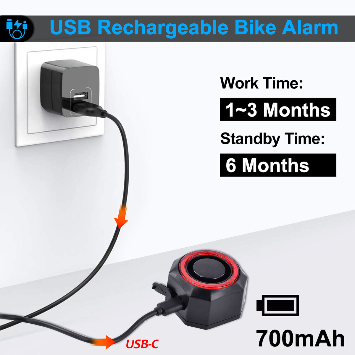 Wireless Waterproof Bike Alarm with Remote & Taillight USB Charging - 115dB
