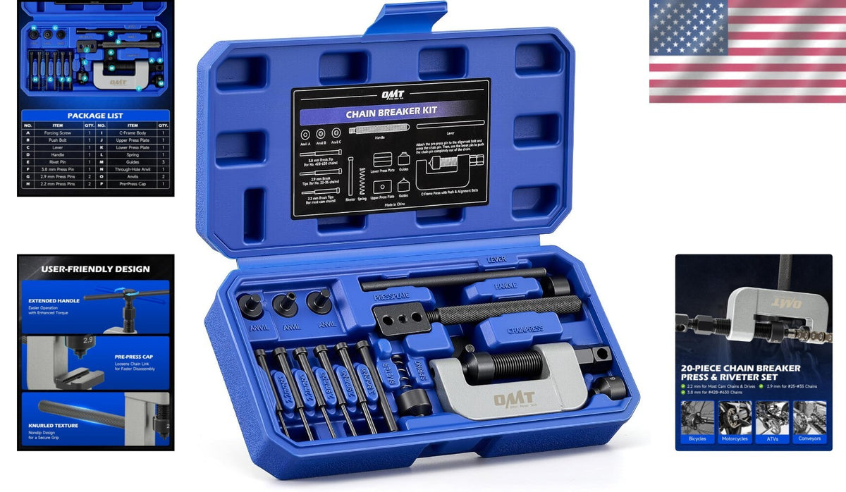 Motorcycle Chain Rivet Tool Kit 19-Piece with Powder Coated C-Frame for Chain Maintenance