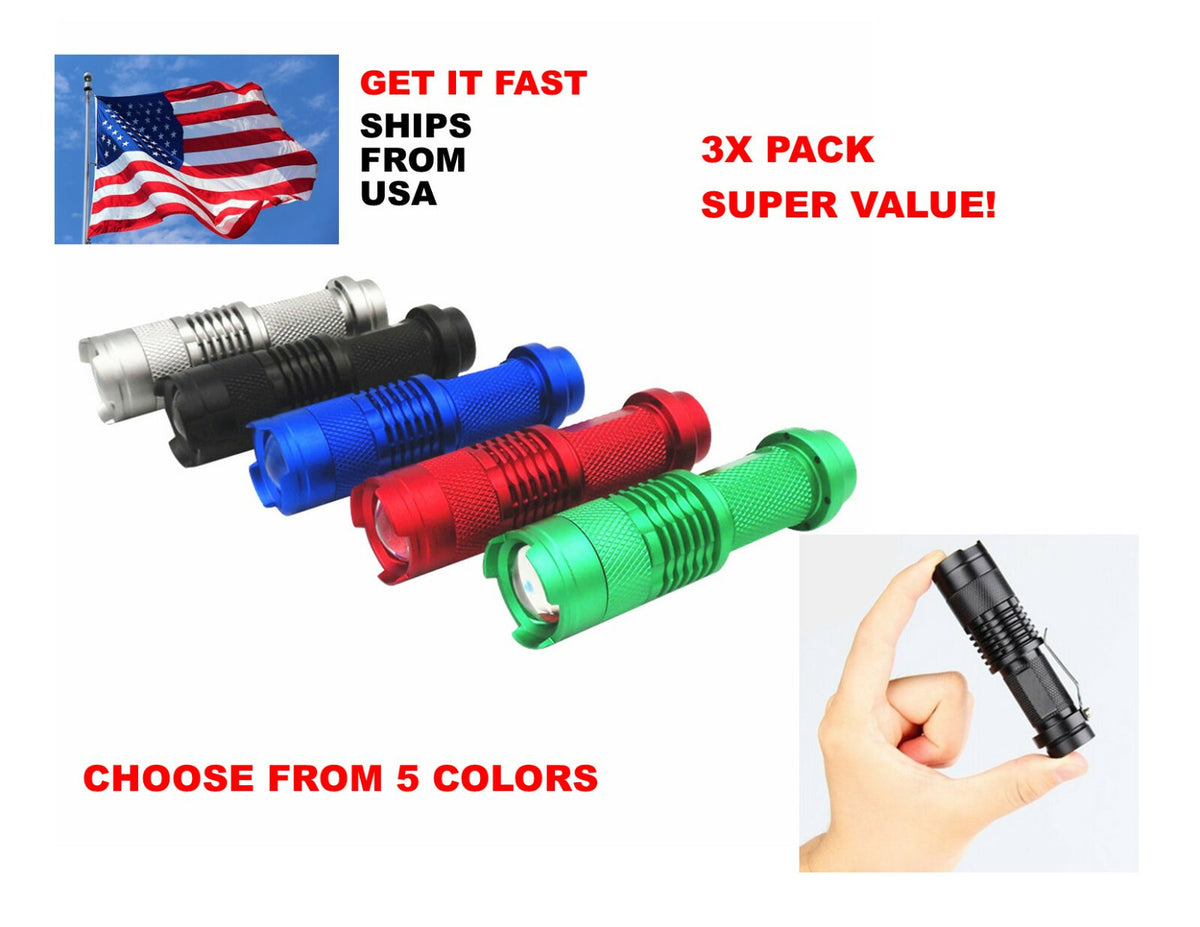 Mini Tactical Flashlight 3-Pack Focus Adjustable 300 Lumens IPX-6 Water Resistant