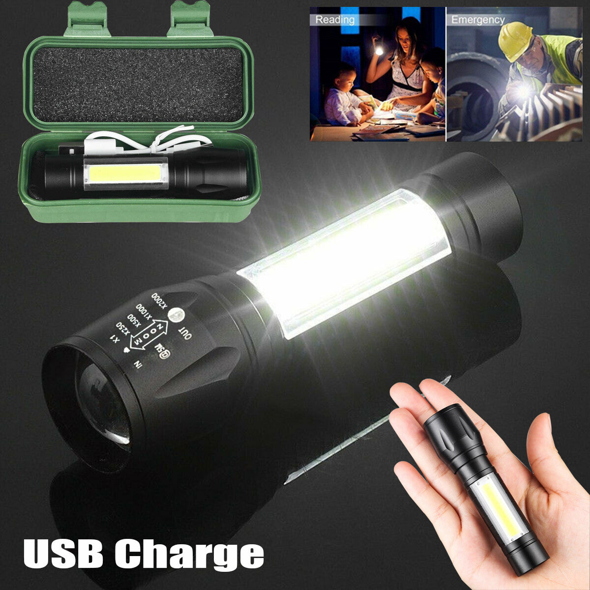 Rechargeable COB LED Flashlight 2 Pack - 3 Modes, Zoom, Side Light