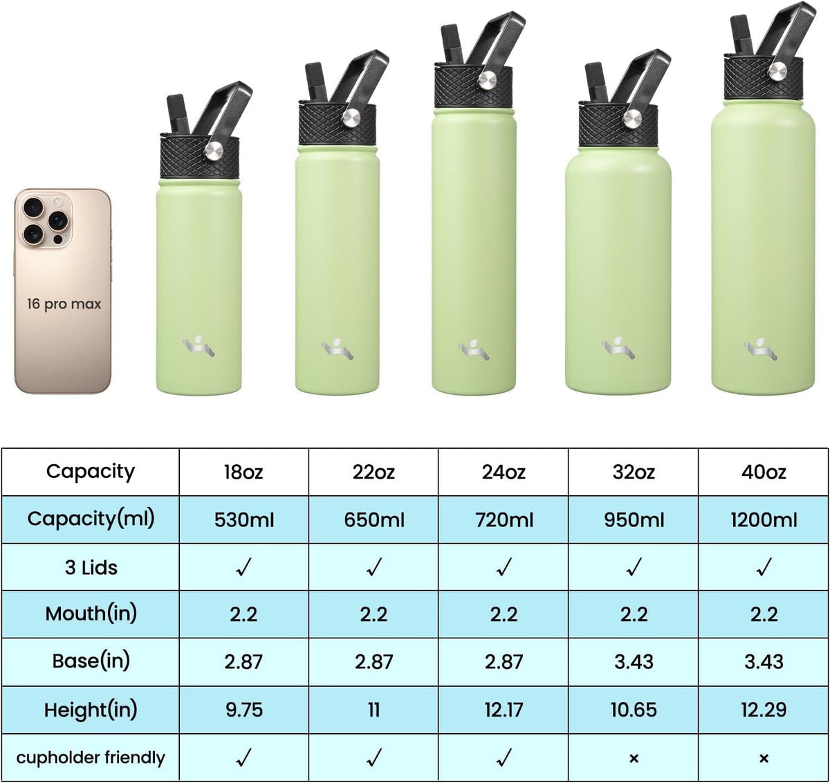 Insulated Stainless Steel Water Bottle 24 oz with Straw & Multiple Lids