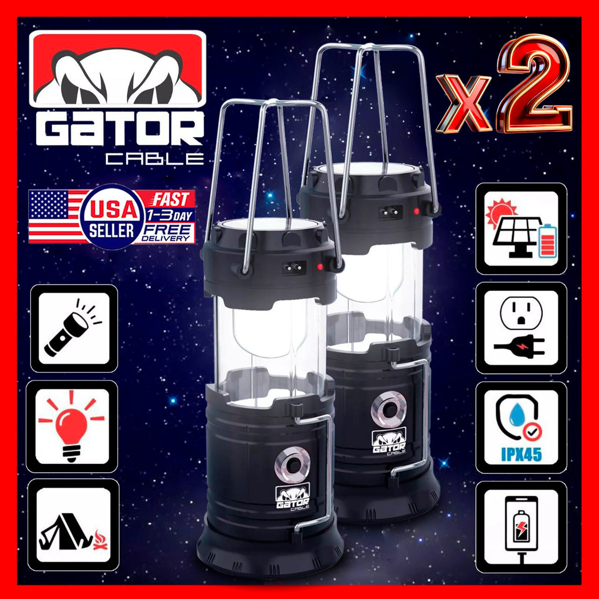 Rechargeable Solar Camping Lantern & Flashlight with Power Bank - 7 LED