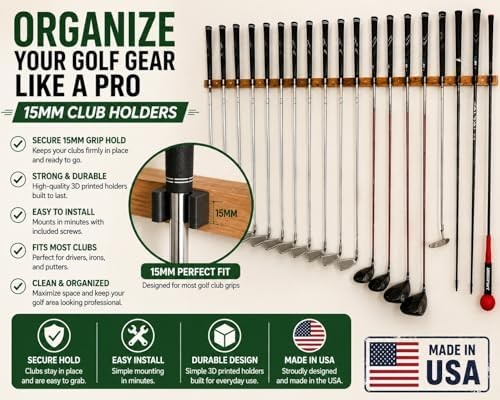 Golf Club Wall Mount Holders - 16 Pack Adjustable Golf Organizer for Garage & Man Cave