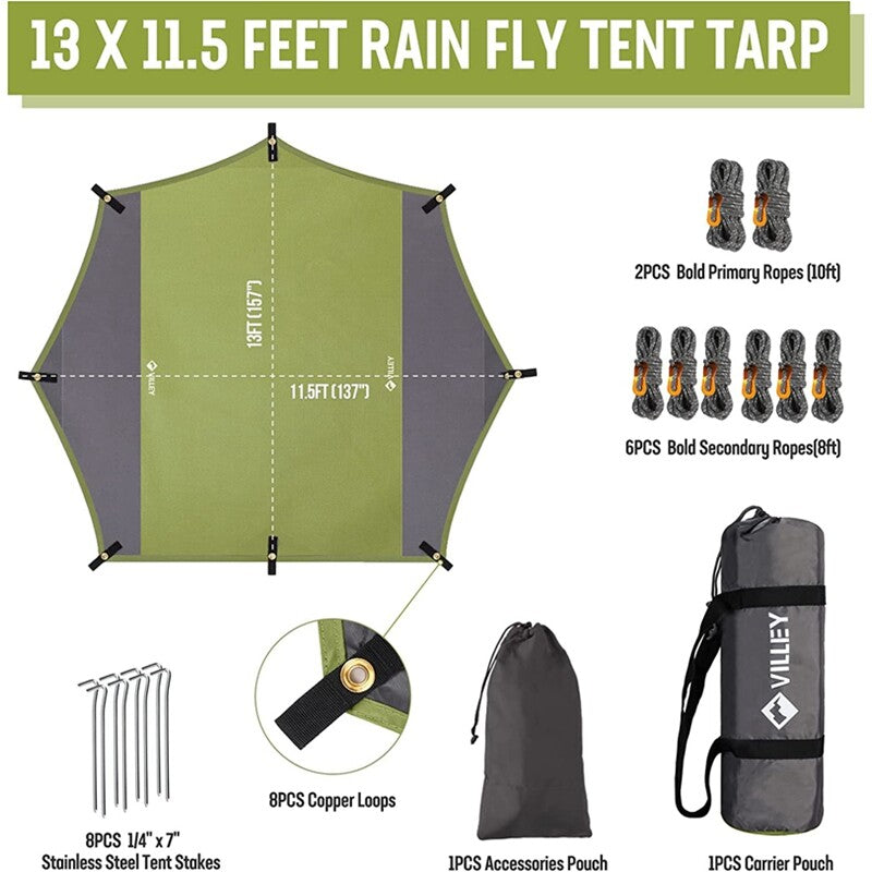 Waterproof Camping Tarp 13x11.5Ft Heptagonal Rain Fly for Tent Hammock Sun Shade