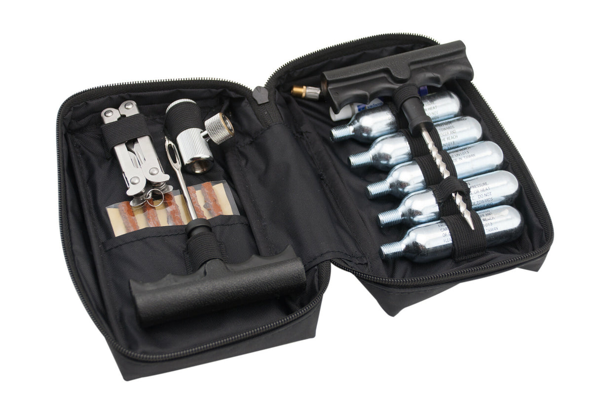 Motorcycle and ATV Tubeless Tire Repair Kit with CO2 Canisters - Portable Emergency Flat Fix