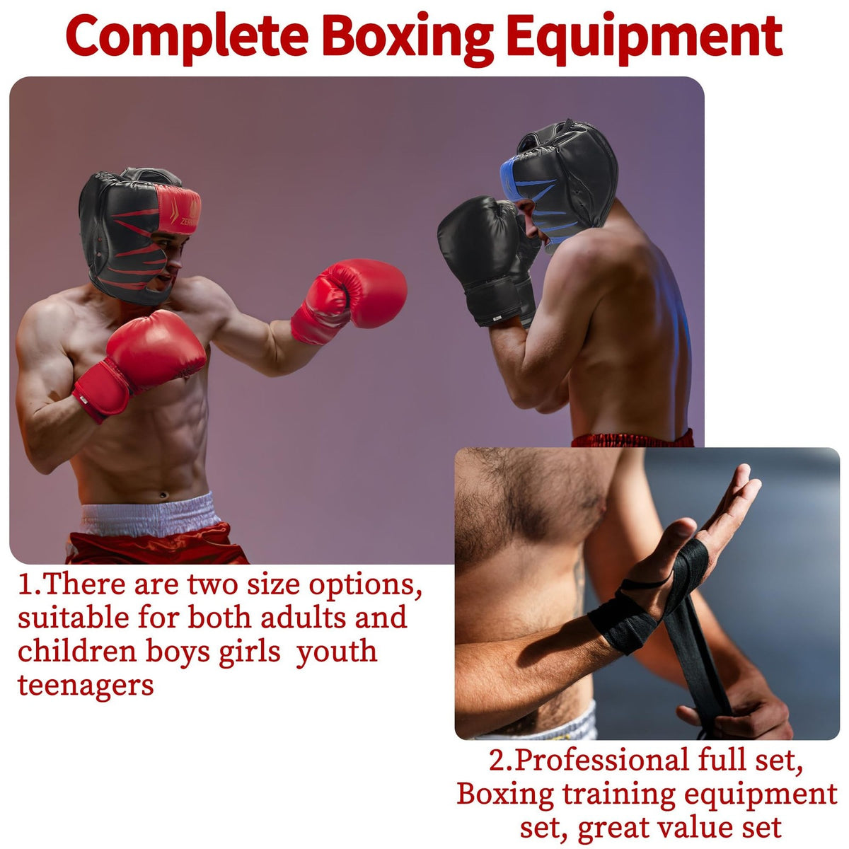 8-Piece Boxing Gloves Set with Headgear and Hand Wraps - PU Leather, Black & Red