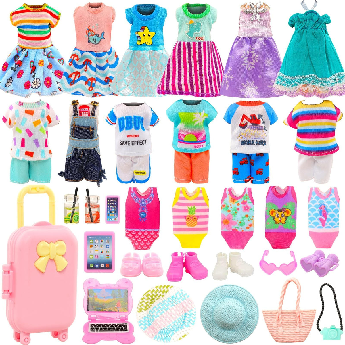 Doll Travel Accessories Set with Suitcase, Outfits, Shoes, and More for 5.3 Inch Dolls