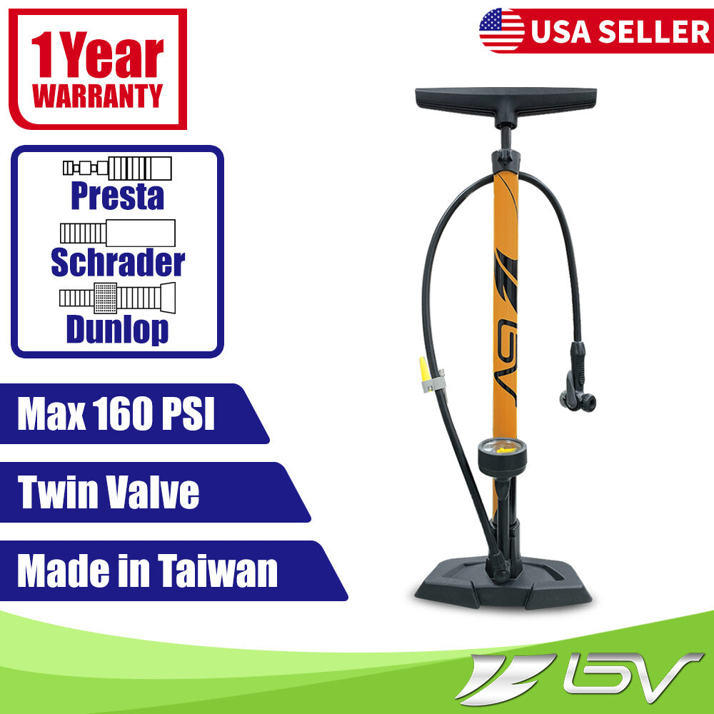 Bike Floor Pump with Gauge 160 PSI for Presta Schrader Dunlop Valves