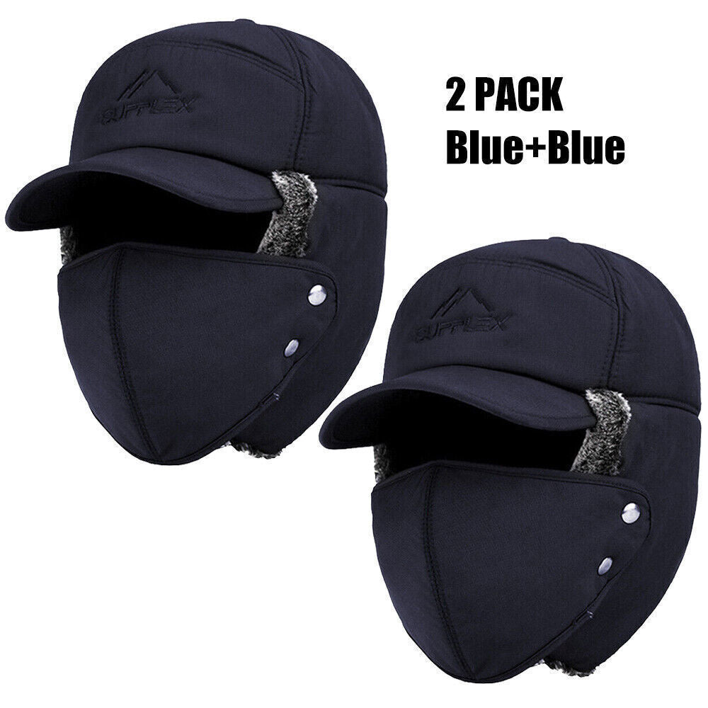 Winter Trapper Hat with Faux Fur Ear Flaps and Removable Face Mask - Windproof & Waterproof