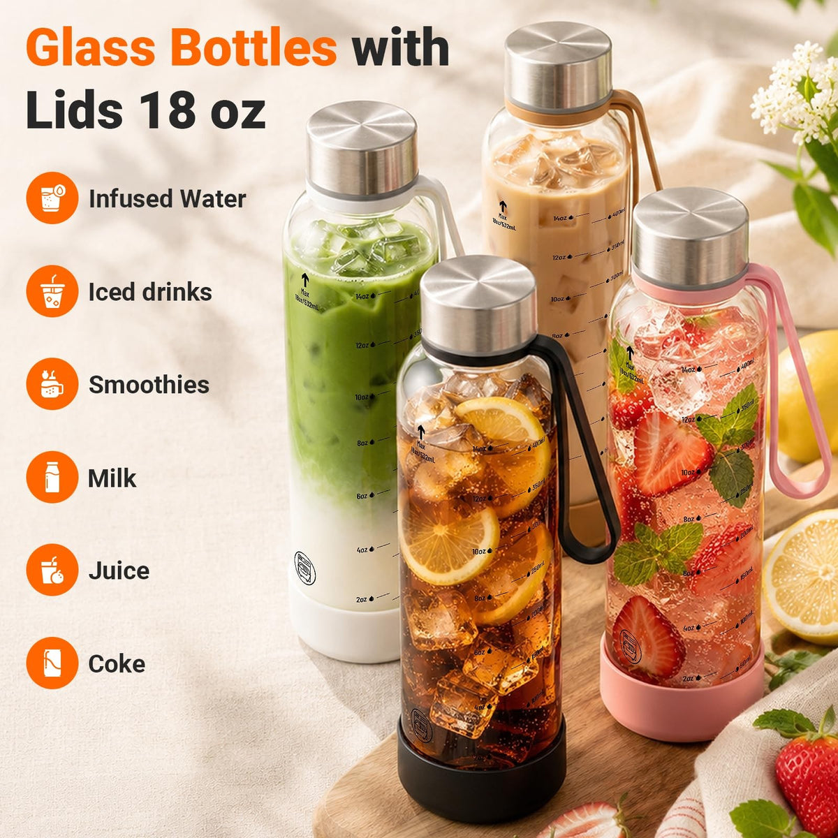 Glass Water Bottles 18 oz Pack of 6 with Leak-Proof Stainless Steel Lids
