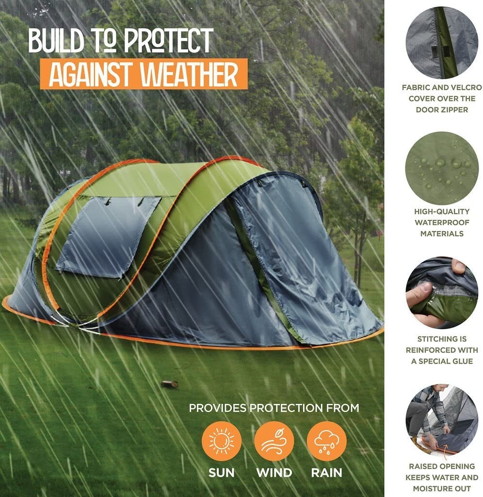 4-Person Pop-Up Camping Tent Waterproof UPF50+ Easy Setup with 2 Doors