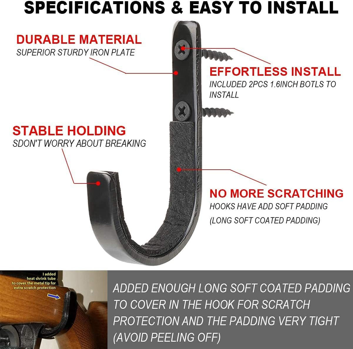 Wall Mount Gun Rack with Felt-Lined Hooks for Shotguns Rifles and Archery Bows