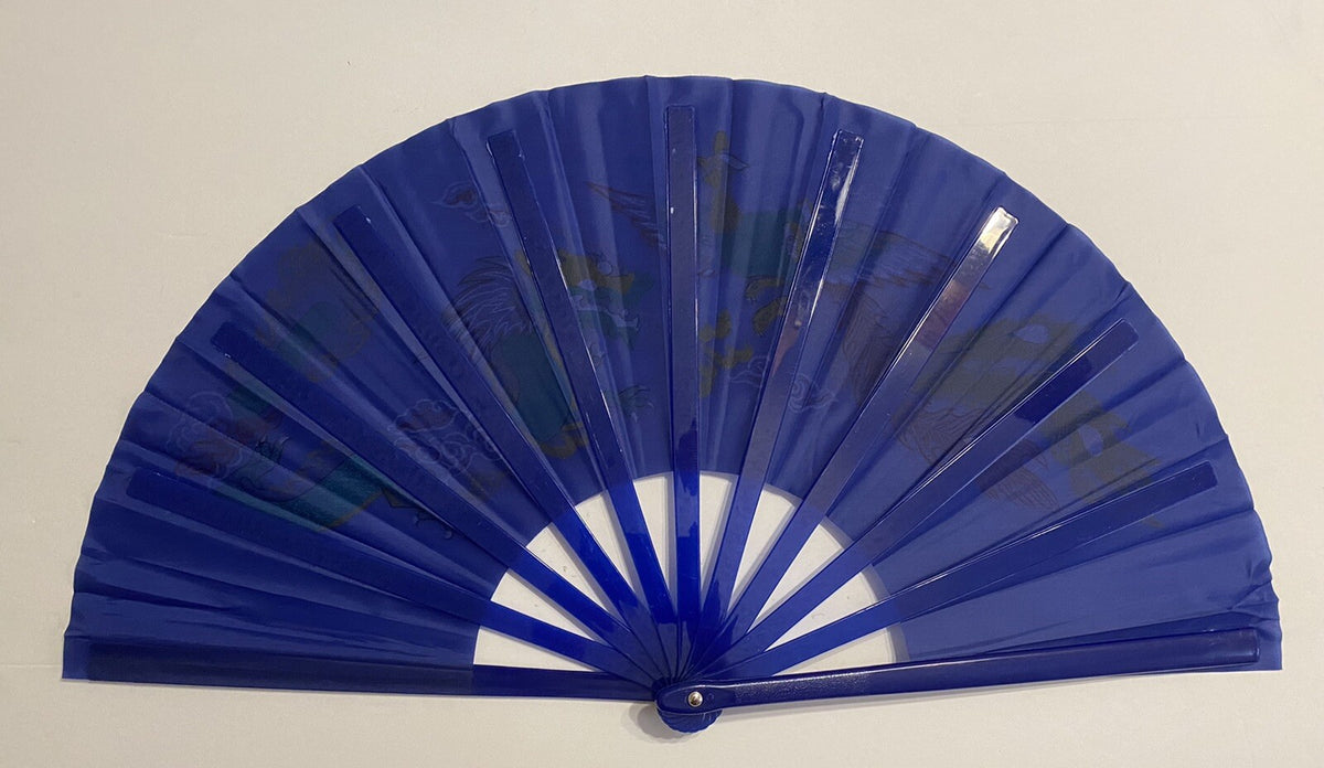 Blue Plastic Kung Fu Tai Chi Training Fan - Dragon & Phoenix Design