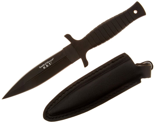 Fixed Blade Boot Knife with Sheath - Smith & Wesson SWHRT9B, 4.75" Dagger Blade, Black Rubber Grip, Everyday Carry