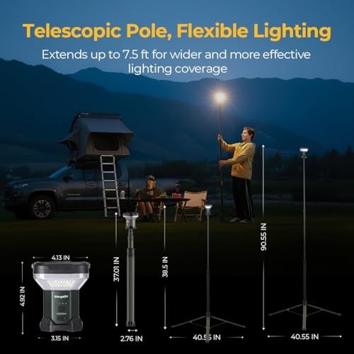 Rechargeable 8000mAh LED Camping Tent Light with 7.55ft Telescoping Pole