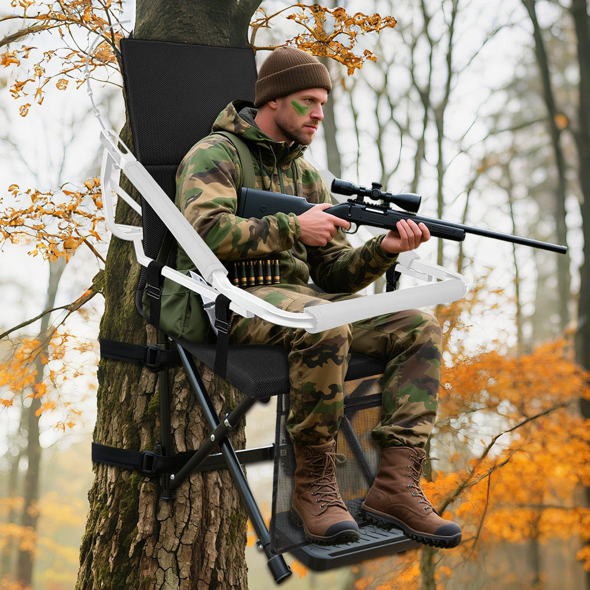 Hunting Tree Stand Seat Replacement with Adjustable Backrest and Storage Pockets