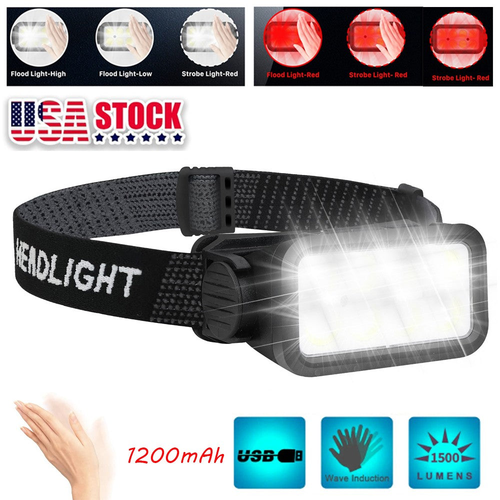 Rechargeable LED Headlamp with Motion Sensor 6000K, 230° Wide Beam, Adjustable Headband